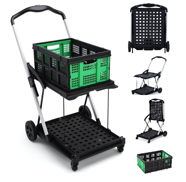 Collapsible Shopping Cart with Wheels, 2-Tier Portable Utility Cart with Remova…