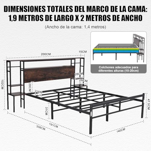 CNHVEIF Base de Cama con Cabecera y Luces RGB, Base Cama con Estación de Carga USB Incorporada y Espacio de Almacenamiento, Cama Metálica con Mesilla de Noche, Fácil Montaje