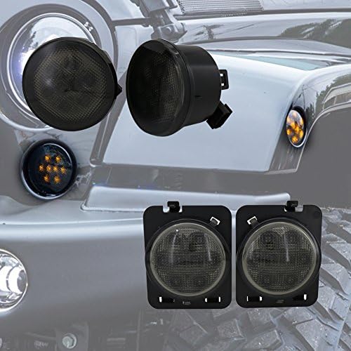 MOVOTOR Jeep Amber Front Grille Fog Turn Signal Light + Smoked Fender Side Marker Light Assembly for Wrangler 1997-2018 JK JKU Plug&amp;Play