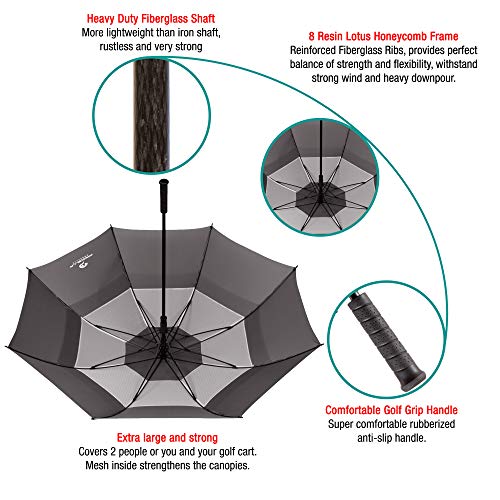 Procella Golf Umbrella Windproof Waterproof - 62 Inch Large Automatic Open Rain & Wind Resistant Vented Double Canopy - Best Golf-Sized Stick Umbrellas for Men and Women (Grey) - Thumbnail 6