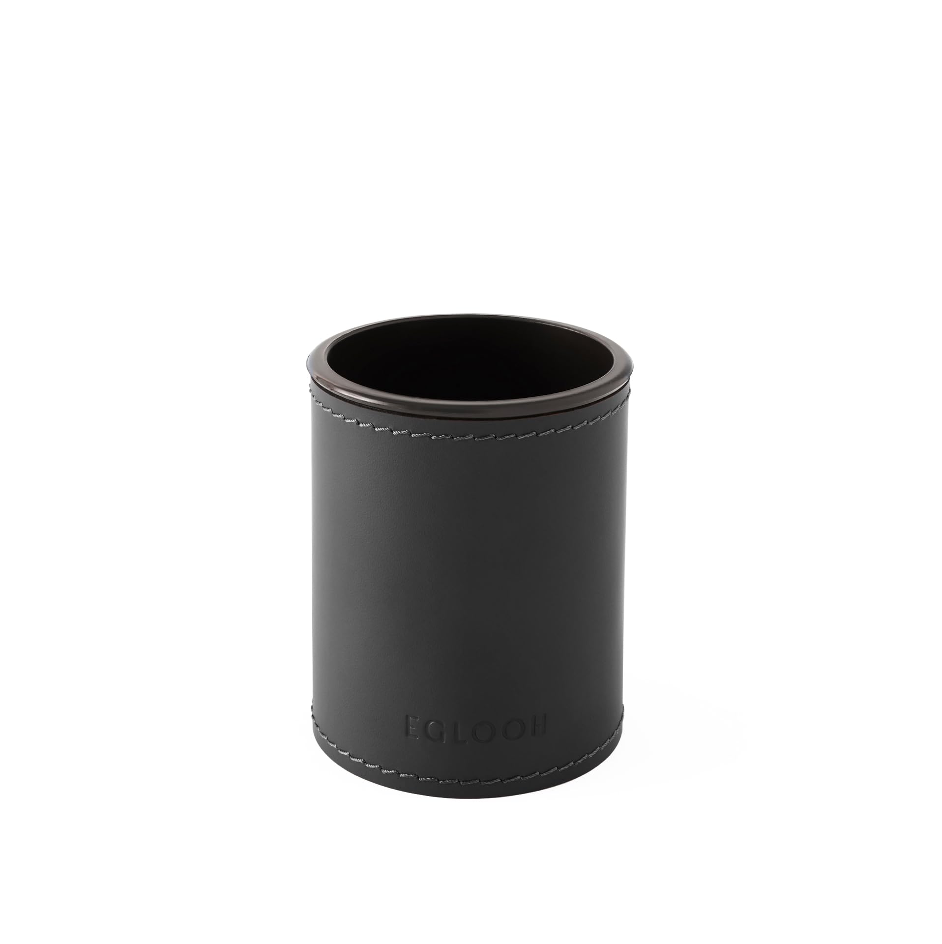 Eglooh - Orfeo - Pen Pot for Desk - Round Design - Made of Black Leather - cm 7,8 x 7,8 H.9,5 - Handmade Stitchings and Resistant Core - Made in Italy