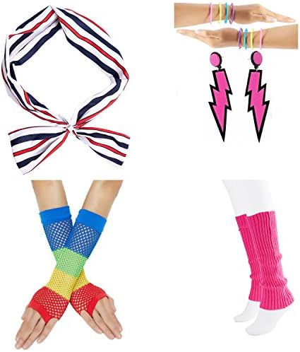 officematters 80s Fancy Outfit Costume Accessories Set,Leg Warmers,Fishnet Gloves,Earrings, Headband, Bracelet and Beads (OneSize, N13)