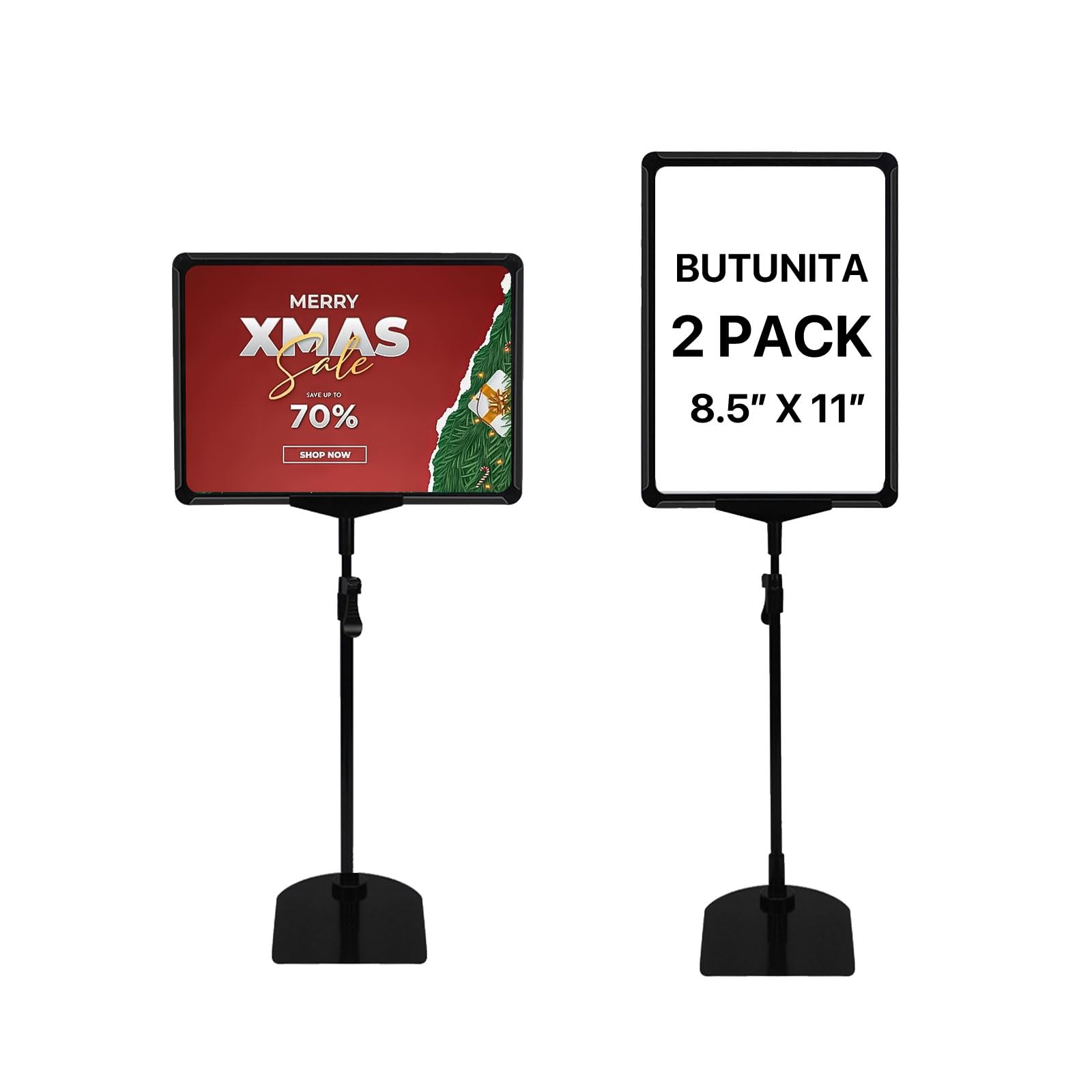 Photo 1 of BUTUNITA Sign Holder Stand, 8.5x11 Inch Adjustable Tabletop Sign Holder Floor Stand for Supermarket, Vertical&Horizontal View Displayed (Black,2Pcs)