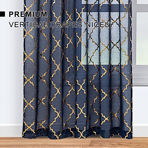Kotile Navy Blue Gold Sheer Curtains84 Inch Length Metallic Gold