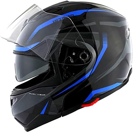1Storm Motorcycle Street Bike Modular/Flip up Dual Visor/Sun Shield Full Face Helmet Storm Tron Blue
