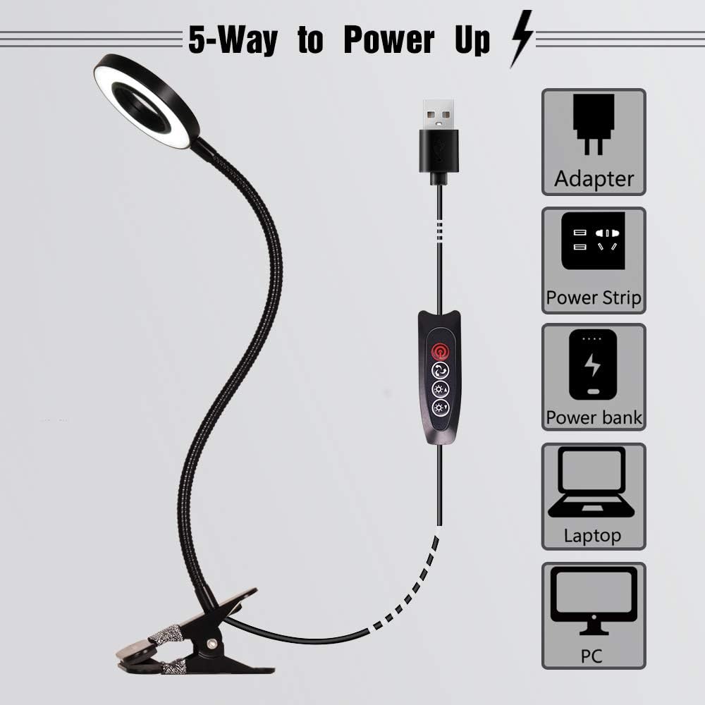 Clamp Desk Lamp, EYOCEAN Clip on Light Reading Lights with 3 Color Changeable, Flexible Night Light 3 Modes 9 Dimming Levels(Included AC Adapter) for Indoor, Black - - 