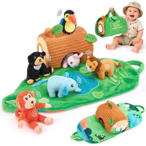 hahaland Giochi Bambini 1 Anno, Set di Peluche Animali con Suoni Realistici | 6 Animali Giungla con Suoni, 2 in 1 Tappetino da Gioco & Borsa, Giocattoli Montessori Sensoriale, Regalo 6 9 12 Mesi