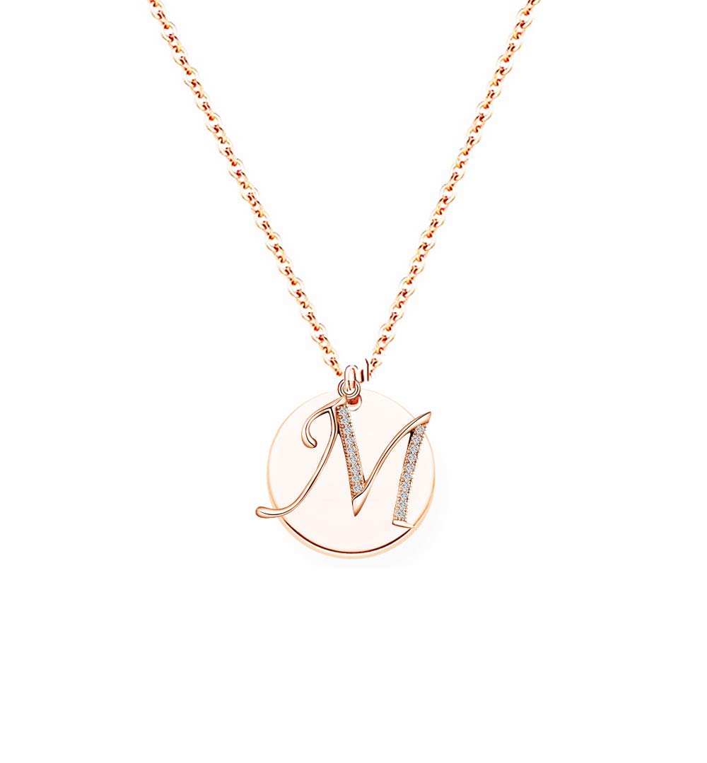 baobei handmade Initial A-Z Letter Choker necklace 14k rose gold stainless steel personalised name round mirror charm pendant necklace for women Girls (M)
