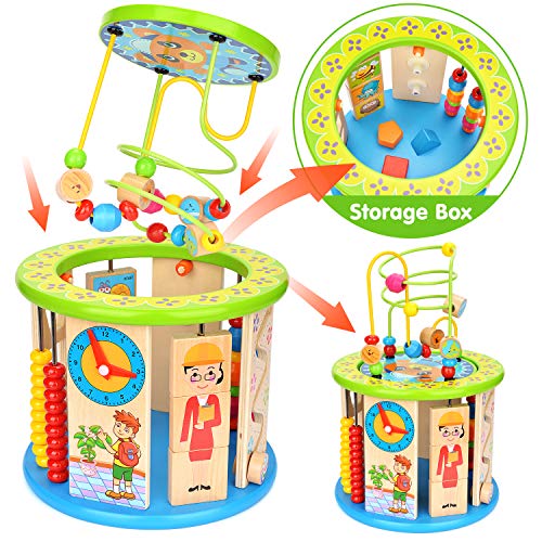 Victostar Activity Cube, 10 in 1 Bead Maze Multipurpose Educational Toy Wood Shape Color Sorter for Kids