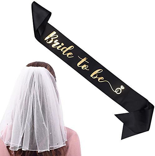 Bride To Be Satin Sash &amp; Shoulder Length Veil – Black Sash with Gold Print &amp; White Bridal Veil – Bridal Accessories for Bachelorette Party Bridal Shower Hen Party