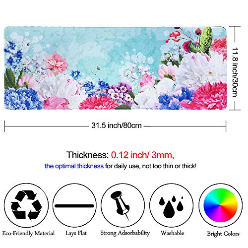 SANFORIN Extra Large Mouse Pad, Floral Design Gaming Mouse pad Desk Mat - 31.5" x 11.8"x0.12" (3mm Thick), Stitched Edge, Non-Slip Rubber Base Mouse Keyboard Desk Mat for Computer/Laptop, White Peony