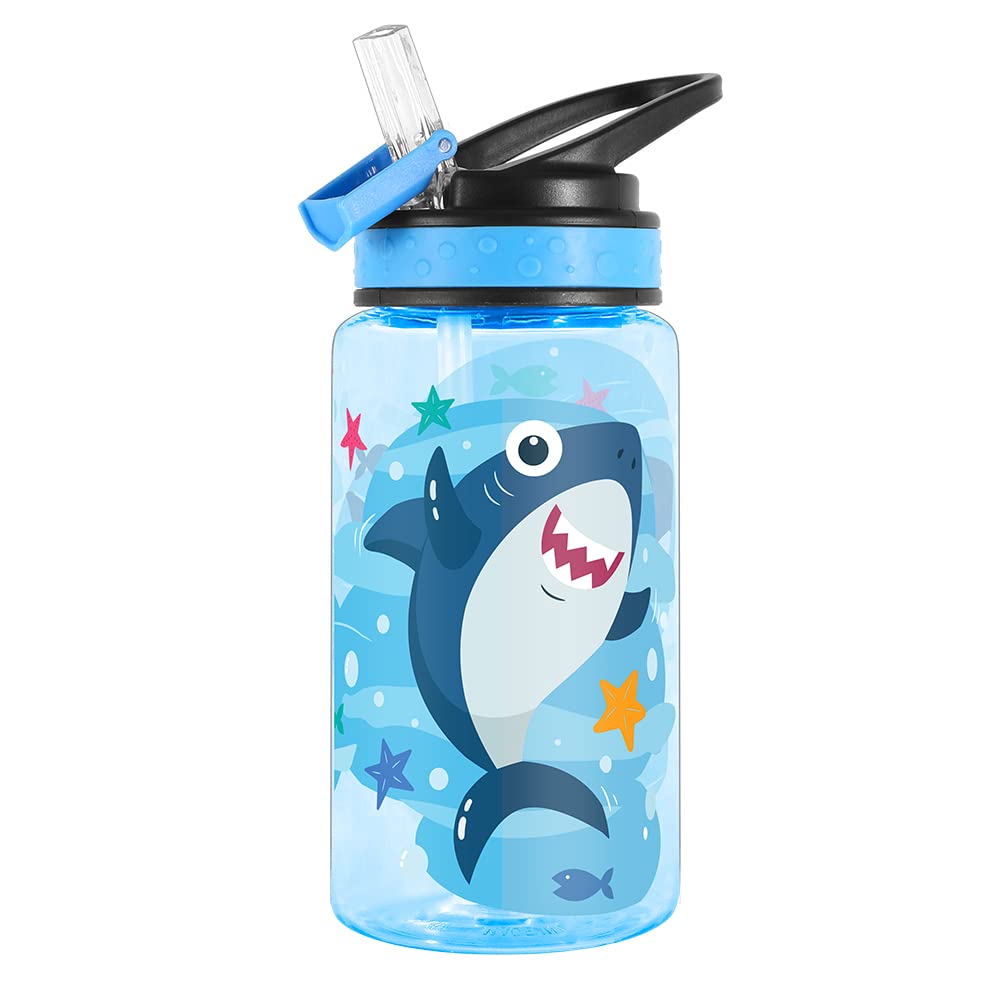 Home Tune Cute Water Bottle for Girls Boys, Unique Design, Leak Proof, Straw Lid, Easy Clean, BPA Free, 450ml - Shark