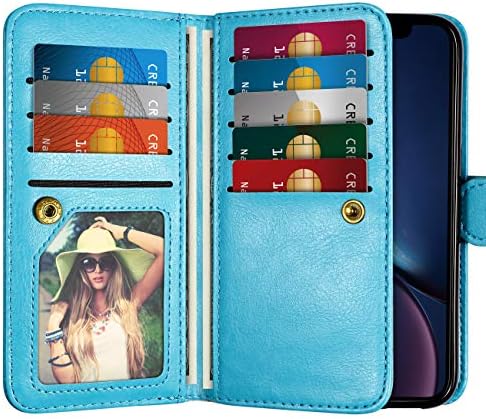 HianDier Case for iPhone XR Wallet Cases with Card Holder 9 Slots Detachable PU Leather Flip Cover Shockproof Magnetic Clasp Lanyard Dual Layer Wallet Case for 6.1 Inches Apple iPhone XR 10R, Sky Blue