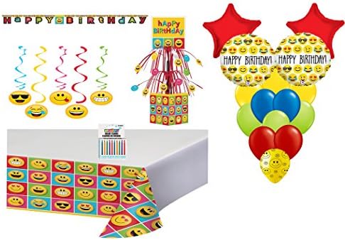 Emoji Ultimate Party Decoration Kit ~ Balloon Bouquet, Tablecover,Danglers,Centerpiece,Banner,Candles