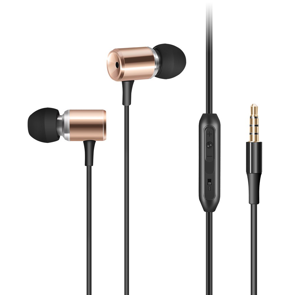 Wired Metal Earphones AIFEIMEI In-ear Heavy Bass Stereo Earbuds Headphones Volume Control with Microphone Headset Sport Gym Running for iPhone iOS/Android 3.5mm jack +Carrying Case (GOLD)