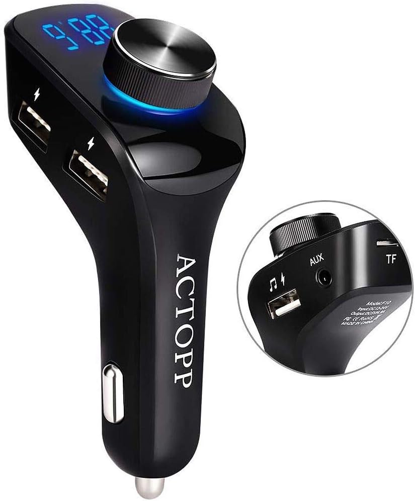 ACTOPP Trasmettitore FM Bluetooth con caricatore per auto, 5 V/2,1 A
