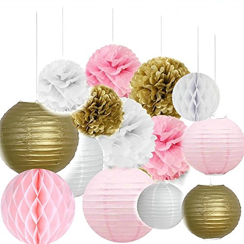 UPC 753070966317, Since Pack of 14 8&#39;&#39;(20cm) Gold Pink White Paper Crafts Tissue Paper Honeycomb Balls Lanterns Paper Pom Poms Birthday Wedding Party Decoration