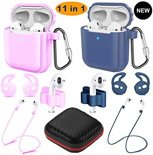 Airpods Case, Airpods Accessories Kits, 2 Pack Protective Silicone Cover Apple Airpods Anti-Lost Airbag Belt, for Apple Airpods 2 &1（Compatible Wireless Charging AirPods）(Navy Blue+Purple)