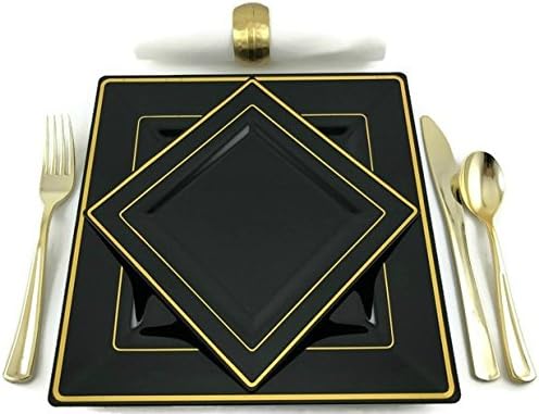 Square Black Disposable/Reusable Plastic Plates with Gold Rim 50 - 25 - 9.5” Dinner + 25 - 6.5” Dessert/Salad for Wedding Anniversary Christening all Events and Parties