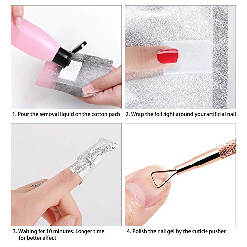 Gel Nail Polish Remover Set - Foil Nail Wraps/Wipes 300 Pcs Soak Off Gel Remover Foils Nail Wraps & 1 Pc Rose Gold Double Head Cuticle Pusher Peeler Scraper