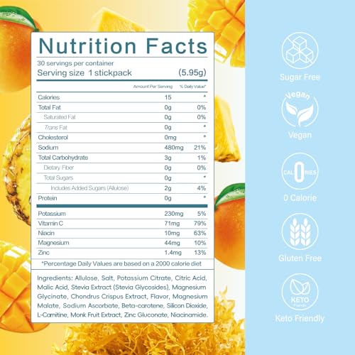 VDY Sea Moss Electrolytes Powder Packets - Hydration Packets Sugar Free - Electrolyte Packets with 30 Sticks - Zero Sugar & 0 Calorie - Keto Friendly - Gluten Free Drink Mix - Mango Pineapple