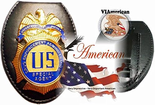 VIAmerican - Bright Gold DEA Special Agent Badge w. Pin back and Leather Holder + Belt clip + Ball chain - We pay tribute to those who strive to Keep us and our Family Safe