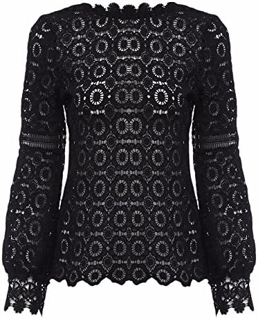 Women Floral Lace Blouse Shirt Lantern Long Sleeve Perspective Sexy Top T Shirt (XL, Black)