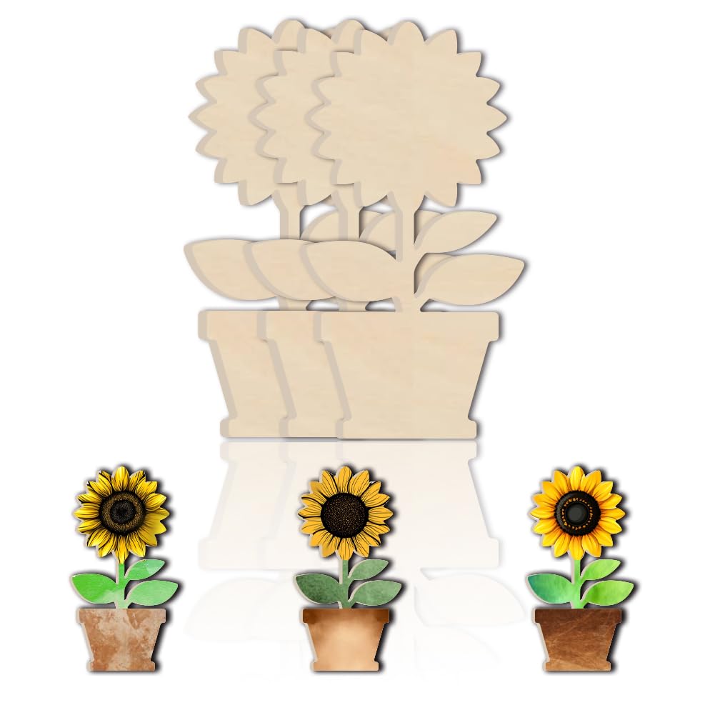 BENECREAT 3Pcs 30.2x15.7cm Sunflower Pot Wood Cutouts, Unfinished Wooden Sunflower Pot Shape Cutout Wood Sunflower Ornament Slices for Autumn Decor and DIY Crafts
