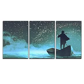 3 Piece Canvas Wall Art - Illustration - Man Rowing a Boat in The Sea Under Beautiful Sky with Stars - Modern Home Art Stretched and Framed Ready to Hang - 16"x24"x3 Panels