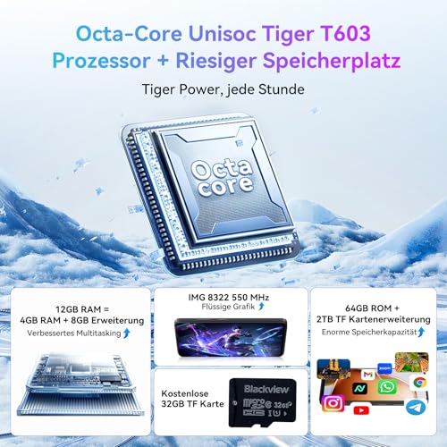 Blackview Wave 9C Handy Ohne Vertrag, 12GB+64GB/2TB TF Handy Günstig, 6.56" Android Smartphone, 13MP KI Kamera Simlockfreie Handys, 5000mAh, 4G Dual SIM/FM/IP54/GPS/3Jahre Garantie/OTG mit 1 TF
