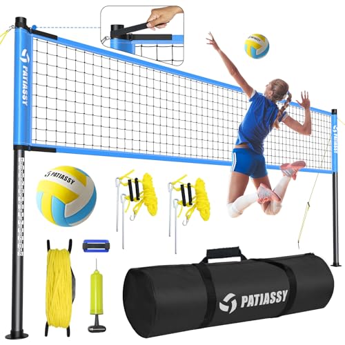 Patiassy Volleyballnetz Garten Outdoor Mobiles Set Mit Stangen, Höhenverstellbar Volleyball Netz, PU Volleyball, Handpume, Grenzlinie, Tragetasche für Rasen Standardgröße 9,5m* 1m