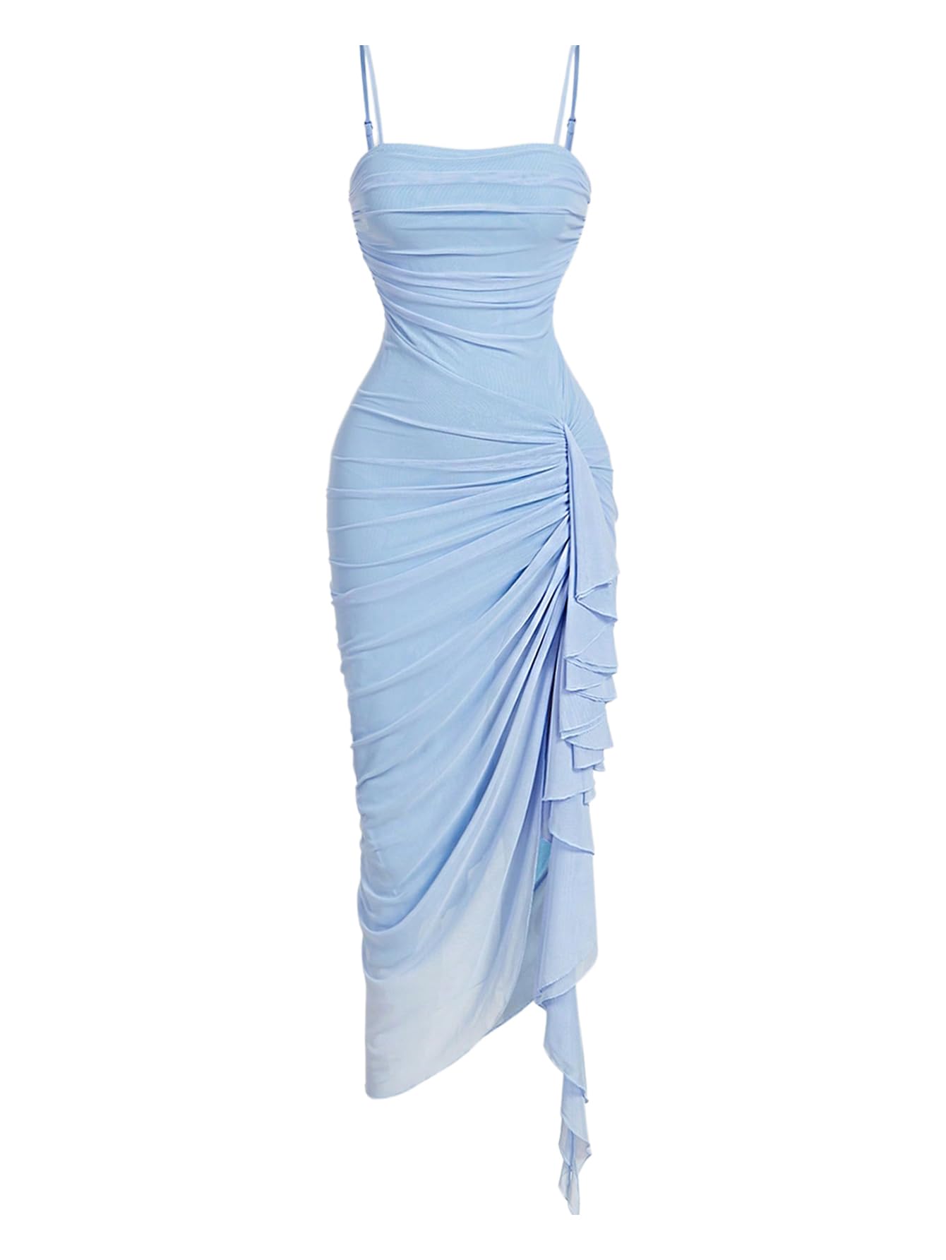 Photo 1 of BEAUDRM Women's Ruffle Cami Dress Spaghetti Strap Asymmetrical Hem Sleeveless Bodycon Y2k Midi Dresses Blue Large