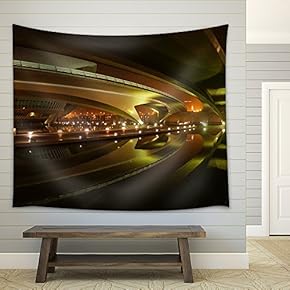 Image of Beautifully Lit Bridges at Night, Valencia, Spain - Fabric Wall Tapestry Home Decor - 51x60 inches