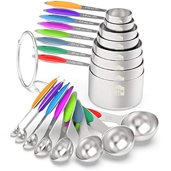 Measuring Cups & Spoons Set of 16 - Wildone Premium Stainless Steel Measuring Cups and Measuring Spoons with Colored Silicone Handle, including 8 Nesting Cups, 8 Spoons, for Dry and Liquid Ingredient
