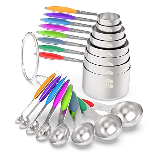 Measuring Cups & Spoons Set of 16 - Wildone Premium Stainless Steel Measuring Cups and Measuring Spoons with Colored Silicone Handle, including 8 Nesting Cups, 8 Spoons, for Dry and Liquid Ingredient