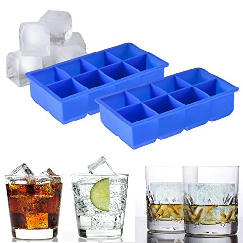 Beety 8 Cavity Jumbo Huge Cubes Silicone Ice Cube Tray Mold, Set of 2 - Keeps Drinks Cold For Hours - Lifetime Guarantee