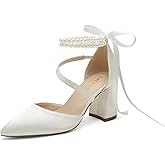 PALSCOU Block Heel Wedding Shoes for Bride Closed Toe Pearl Bridal Shoes Wedding Chunky Heels