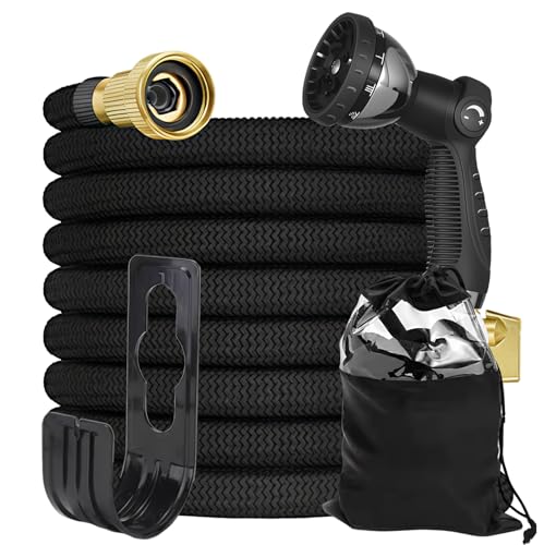 50FT Garden Hose – Expandable Garden Hose with10 Pattern Spray Nozzle, Aluminum Alloy Copper Plated 3/4 inch Connector – Lightweight, Durable, and Kink-Free, Retractable Water Hoses Black