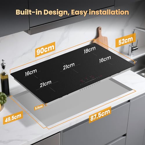 Induction Hob 5 Burners – Anti-Smudge Matte Glass, 90 cm Induction Plate with Boost Function, 9 Power Levels, Timer 1-99 Min, Child Safety, 9300 W