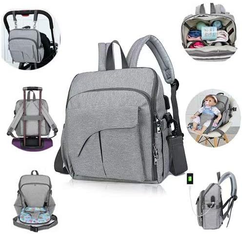 Flywill Baby Nappy Backpack Bag with Changing Mat,Large Capacity Waterproof Multi-Function Travel Tote Diaper Bag for Baby Care,with USB Charging Port,Safety Rope,Stroller Hook,Stylish &Durable,Grey