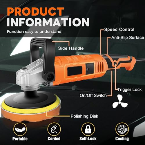 GOGOBAO Buffer Polisher, 1200W 7 Inch/6 Inch Car Polisher Set, 7 Variable Speed 600-3000 RPM, Car Polishers and Buffers with Detachable Handle for Car, Boat Sanding, Polishing, Waxing