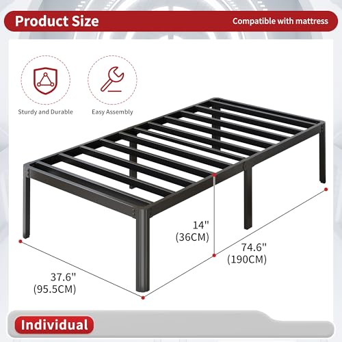 Yicensen Marco de Cama Individual de 36 cm de Altura, Metal Cama Individual con Patas Redondeadas de Esquina Plataforma Resistente Cama Muy Resistente Fácil Montaje, Sin Ruido, Negro