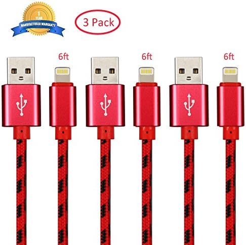 NEXCABLE 3Pack 6Feet Nylon Braided 8 Pin Lightning to USB Charger Charging Cable Cord Compatible with iPhone 7/7 Plus/6s/6s Plus/6/6 Plus/5/5S/5C/SE/iPad and iPod(Red)