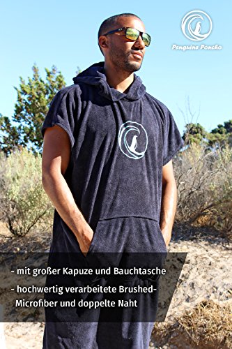 Penguin-Poncho-Surf-Poncho-mit-Kapuze-Bauchtasche-und-Tragebeutel-Bademantel-Umkleide-und-Badetuch-Umkleidehilfe-Einheitsgre-S-XL-fr-Damen-und-Herren-blau-und-grau