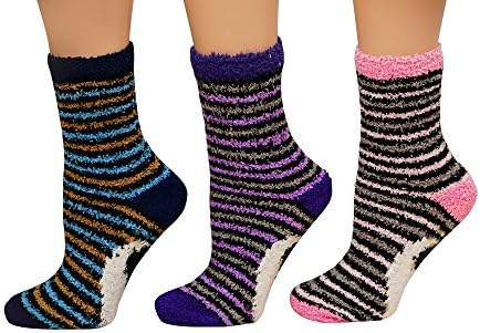 Freshox Women's (3 Pairs) Anti-Skid Fuzzy Crew Socks and FREE Gift box (Assortment #3)