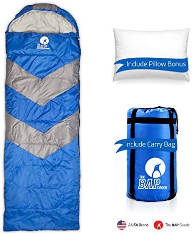 The BAP Goods Sleeping Bag Outdoor Camping Extra Wide - For Men Women &amp; Adults –210T Ripstop Compact Envelope Sleep Bag W/Pillow &amp; Strong Zipper – 500 Gsm –Ideal For All Year Long– Blue