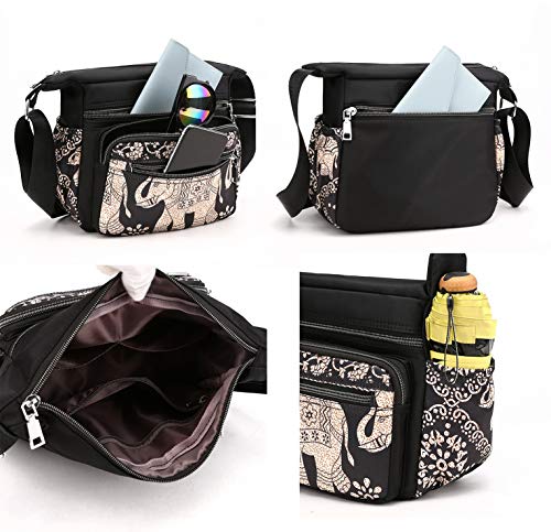 Womens Nylon Floral Shoulder Bag Crossbody Bag Messenger Bags Travel Handbags With Adjustable Strap Waterproof (C white line)