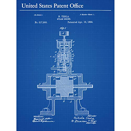 Artery8 Tesla Steam Engine 1894 View 1 Vintage Patent Plan Art Print Canvas Premium Wall Decor Poster Mural