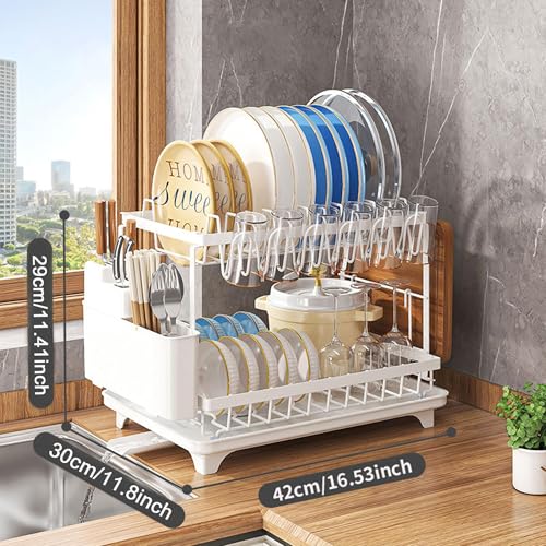 ZERIFAM Dish Drying Rack - 2 Tier Dish Drying Stand, Kitchen Countertop Storage Racks, With Chopstick Bucket, Cutting Board Rack, Knife Rack And Cup Holder. (White)