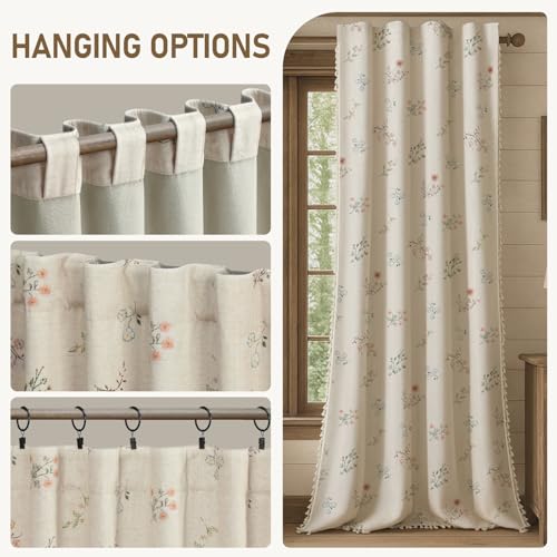 XOGUIBO Boho Floral 100% Blackout Curtains for Bedroom 84 Inch Length 2 Panels Set, Linen Texture Farmhouse Curtains Beige Tassel for Living Room Vintage Rustic Patterned Printed Western Rod Pocket